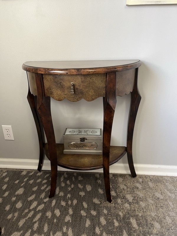 Vintage Bombay Company Demilune Scalloped Half Moon Table with Brass Tassel Pull