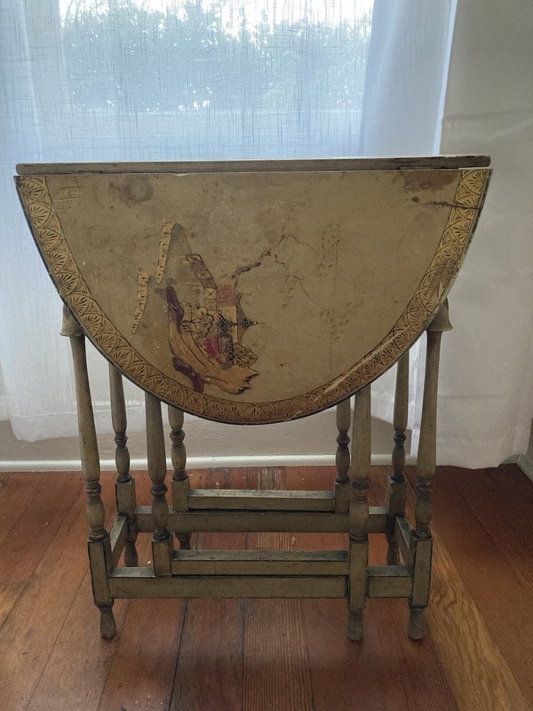 Antique Vintage Ornate Hand Painted Drop Table Yellow Gold Leaf Landscape Nature