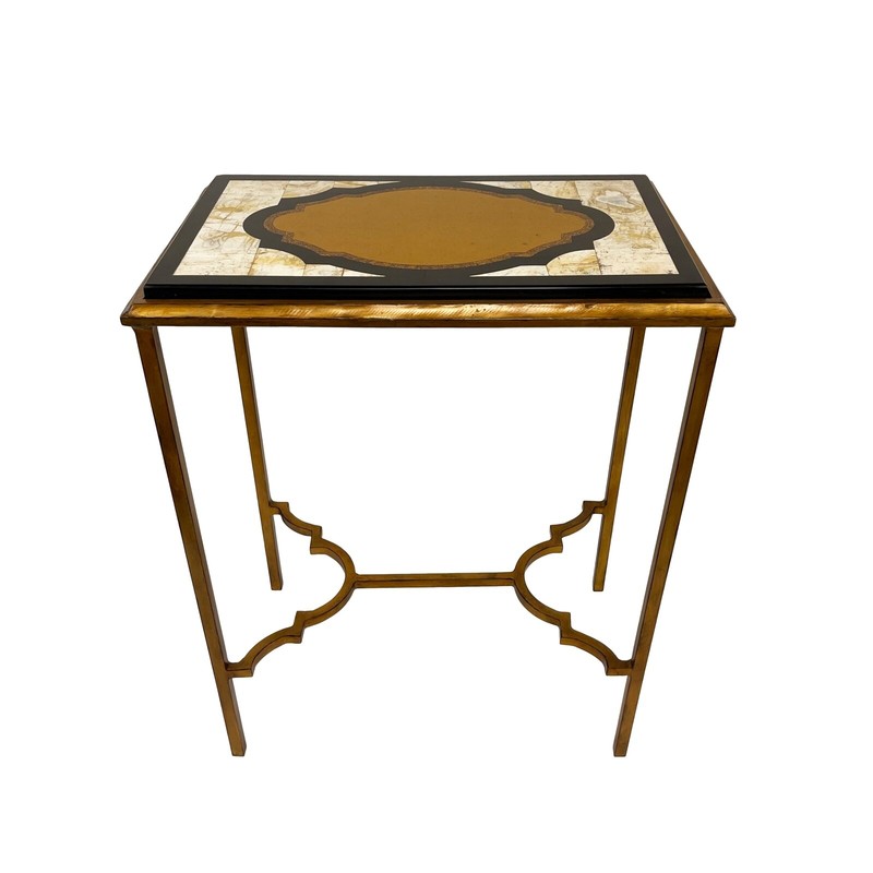 Hollywood Regency Style Gold Accent Table w Solid Marble & Granite Marquetry Top gallery