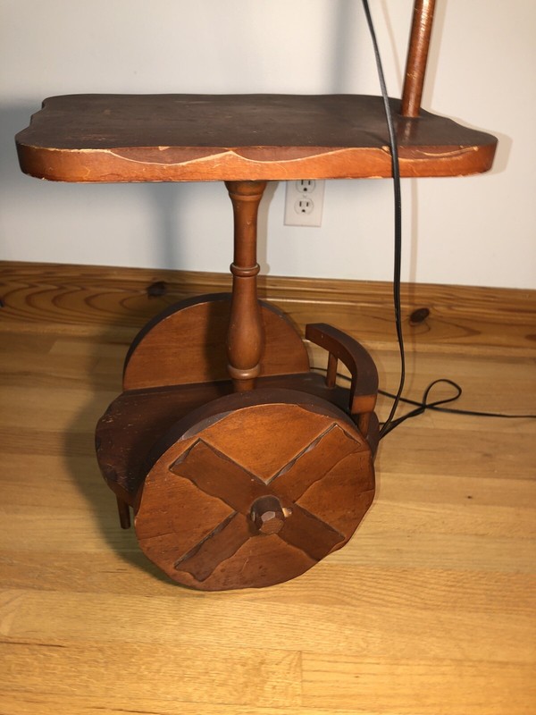 VTG Mcm Wood Chariot Wagon Wheel Bridge Adjustable Side Table Floor Lamp Rustic gallery