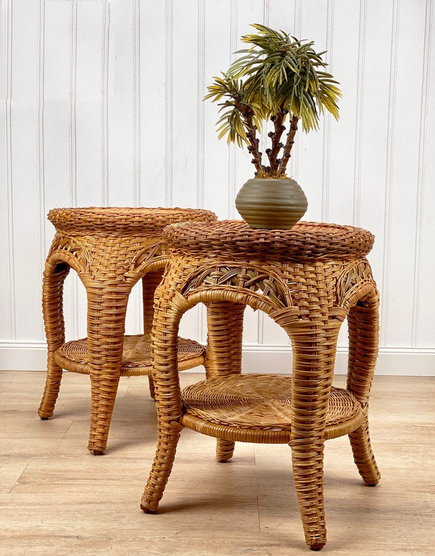Vintage Coastal Boho Natural Wicker Round Plant Stand End Tables - A Pair gallery