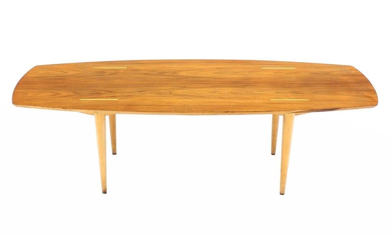 Boat Shape Light Walnut Tapered Birch Exposed Leg Tenon Coffee Table Mid Century gallery