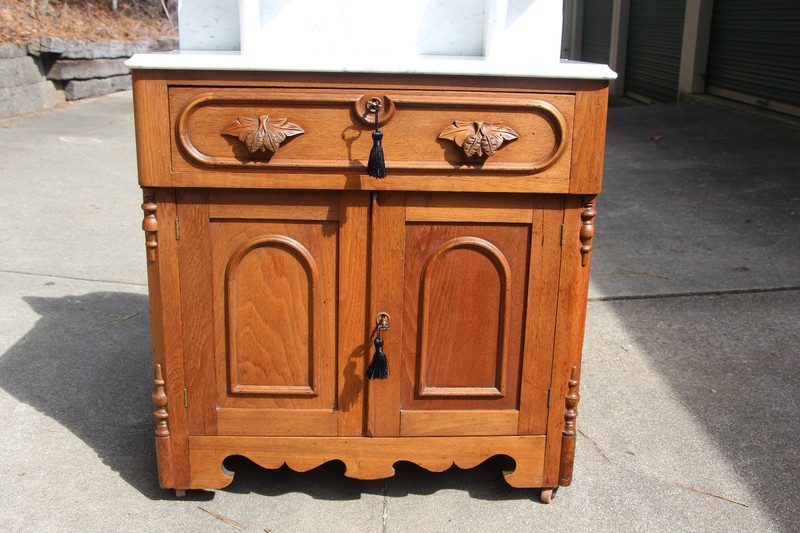Walnut Victorian Renaissance Revival Marble Top Washstand with Candle Stands gallery