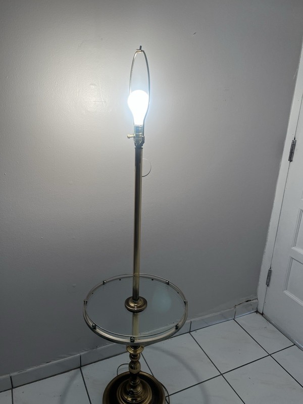 Gold Traditional Floor Lamp with Glass Table and Beige Bell Shade gallery