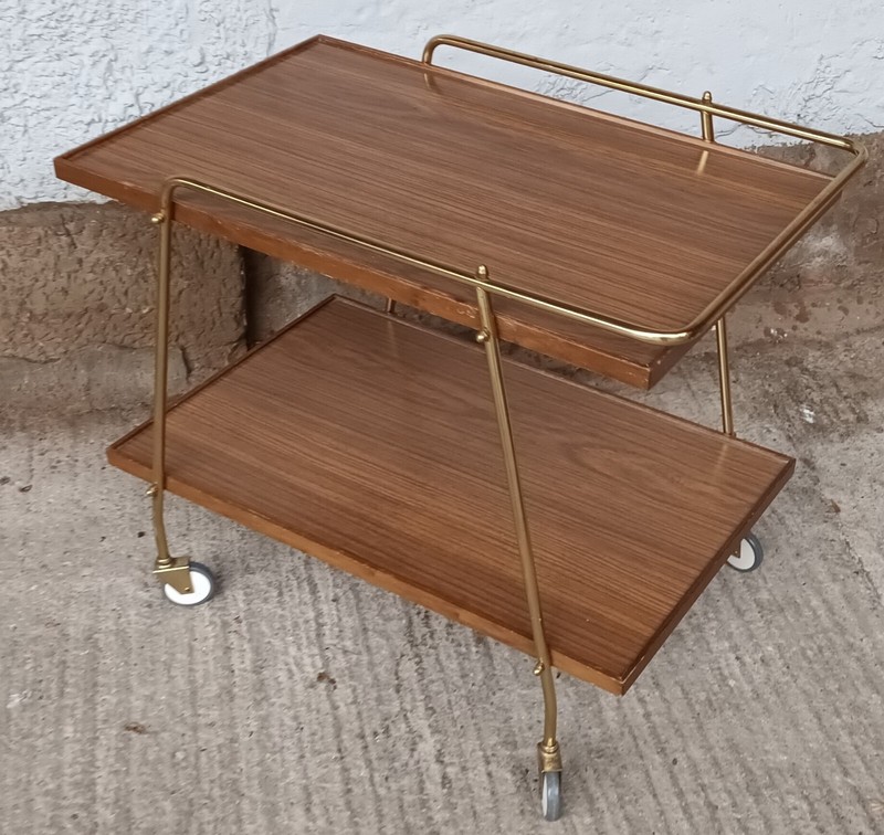 Serving Cart Tea Cart Walnut 60s Table Side Table Brass Mid Century Bar gallery
