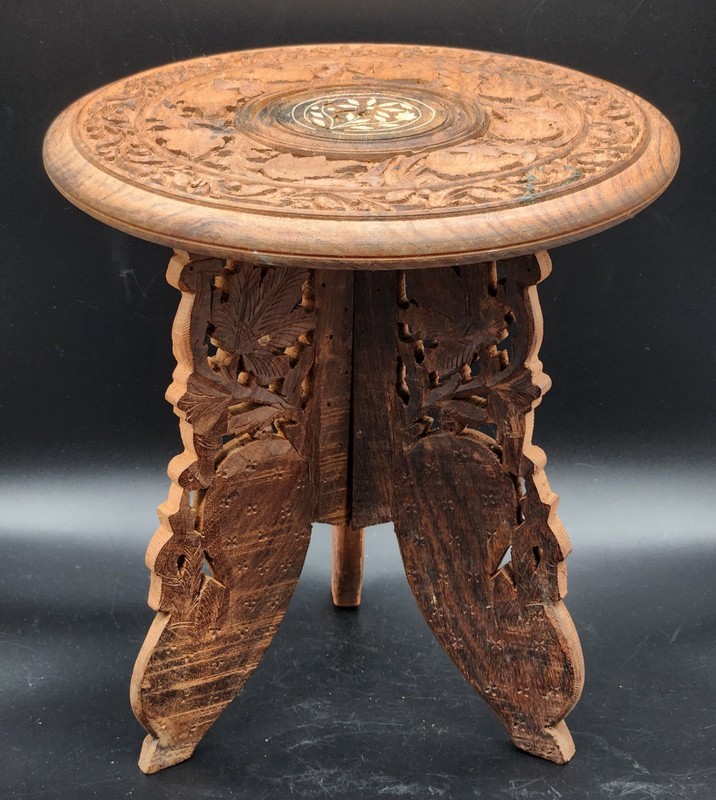 Anglo-Indian Carved Wood Inlaid “Wine” Table w/ Folding Base