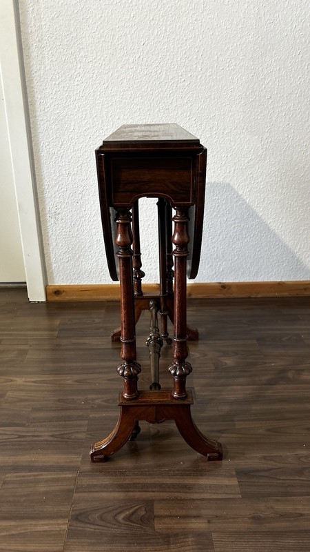 Antique Wooden Drop Leaf Oval Table with Ornate Legs, Inlay Detail, Brown gallery