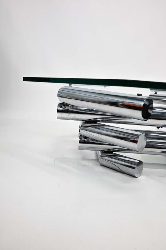1970s Iconic Paul Mayen Style Chrome Coffee Table - Octagonal Glass Top gallery