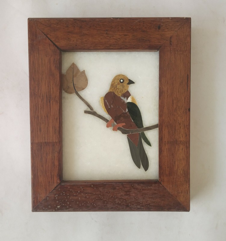Handmade Colorful Bird Inlayed on Marble Pietra Dura Plaque Micro Mosaic #09