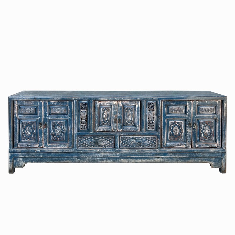 Chinese Distressed Dark Blue Vases Pattern TV Console Table Cabinet cs7738 gallery