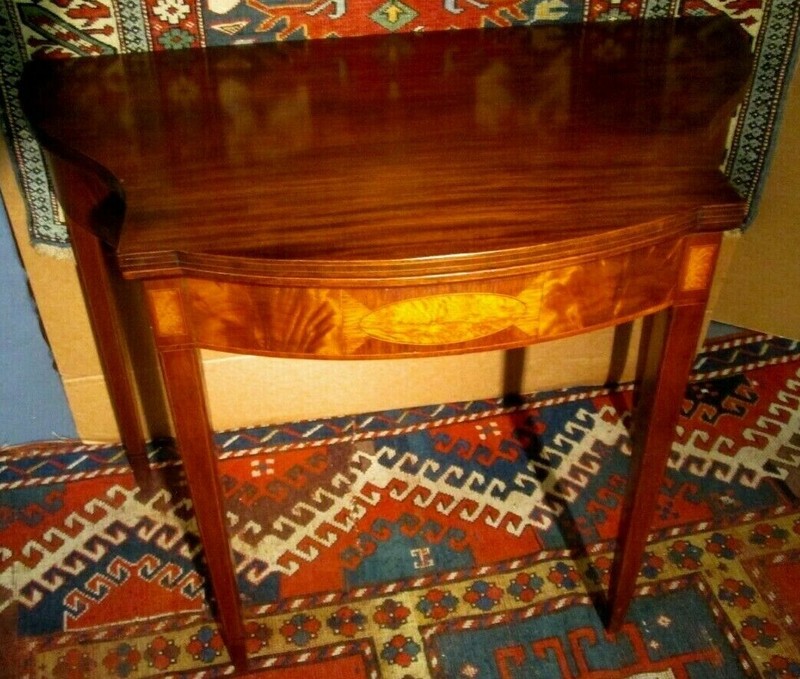 ANTIQUE AMERICAN FEDERAL CARD TABLE W/FIGURED PANELS UNUSUAL FORM CIRCA 1800 gallery