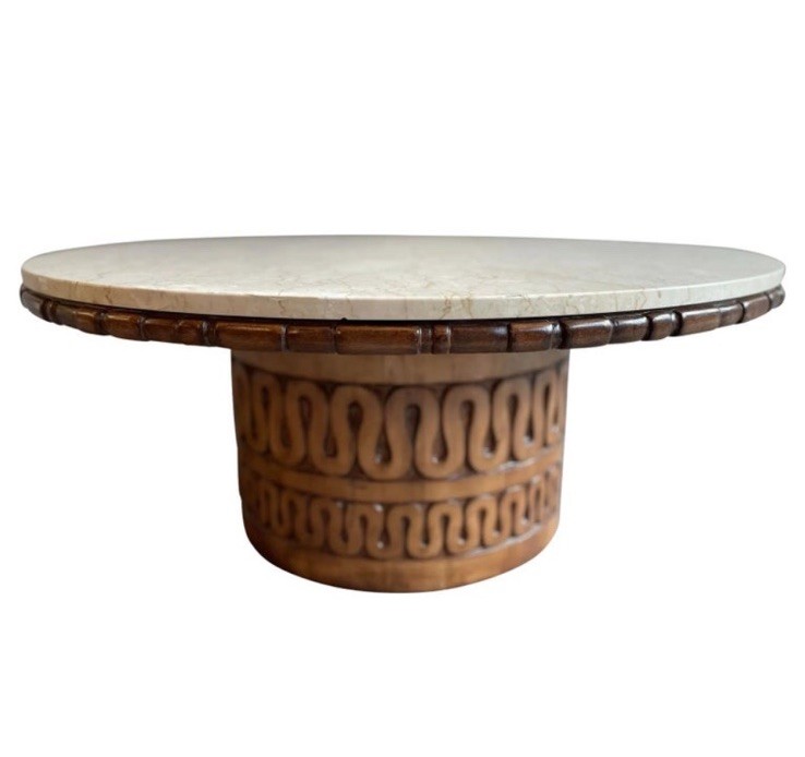 1950s wood and marble coffee table in the style of James Mont