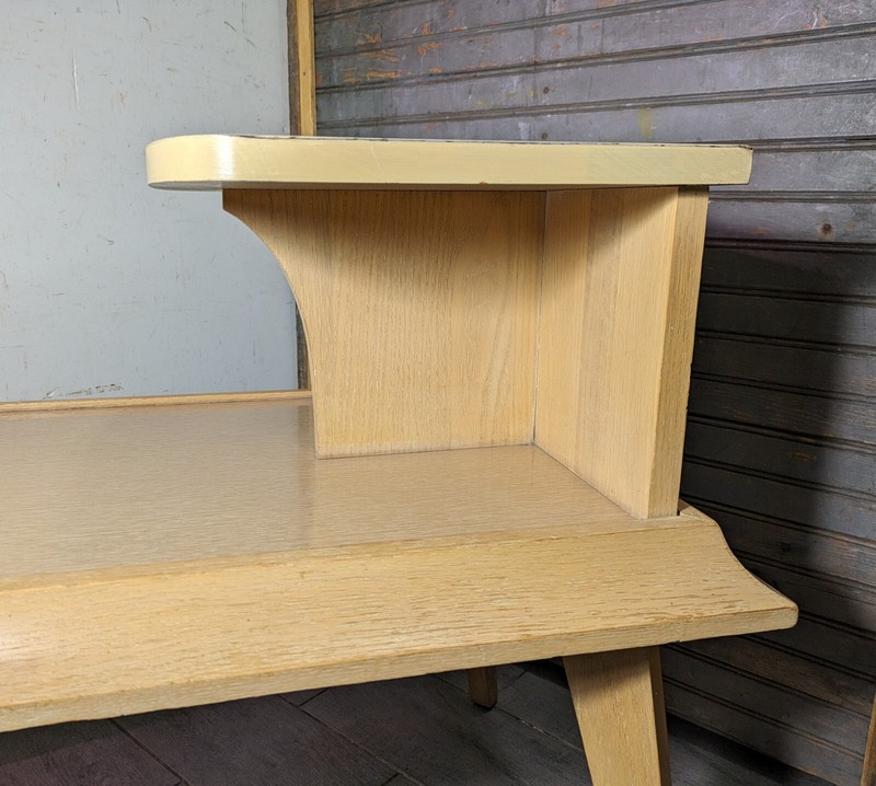 Vintage Mid Century Modern Atomic 2-Tier Blonde Formica Wood Step End Table gallery