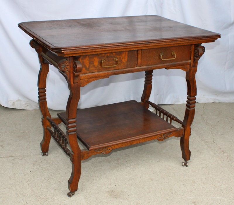 Antique Victorian Eastlake Oak Library or Lamp Table – Original finish gallery