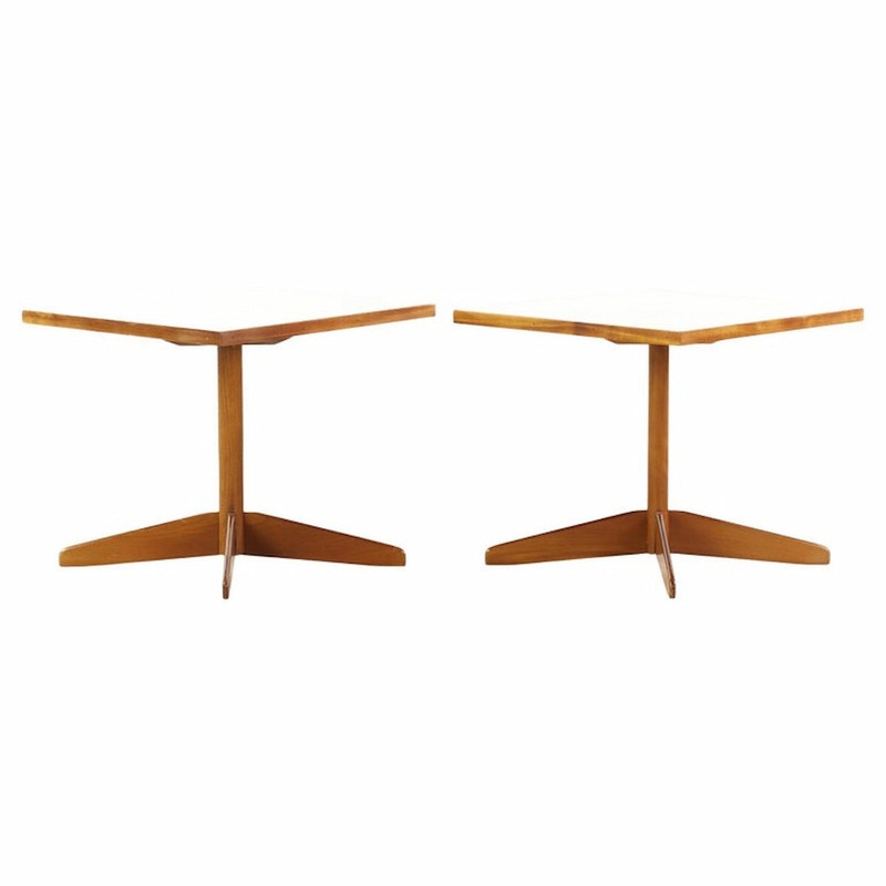 Edward Wormley Style Mid Century Walnut and White Laminate End Tables – Pair
