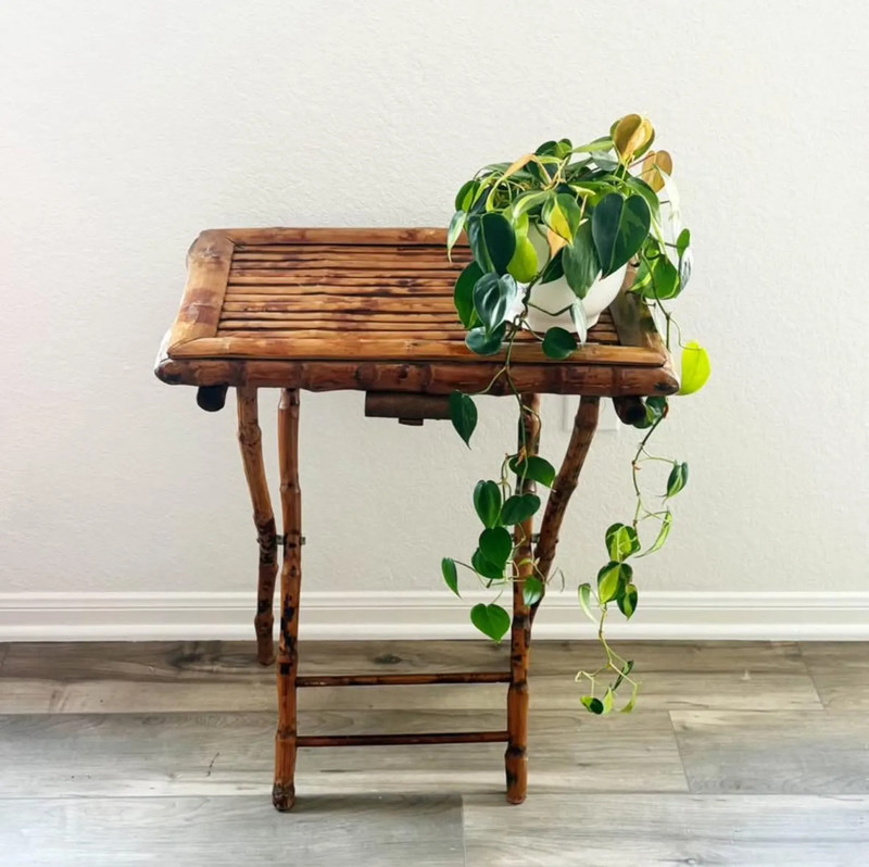 Vintage Tortoise Shell Burnt Bamboo Folding Table: Mid-Century Accent Table