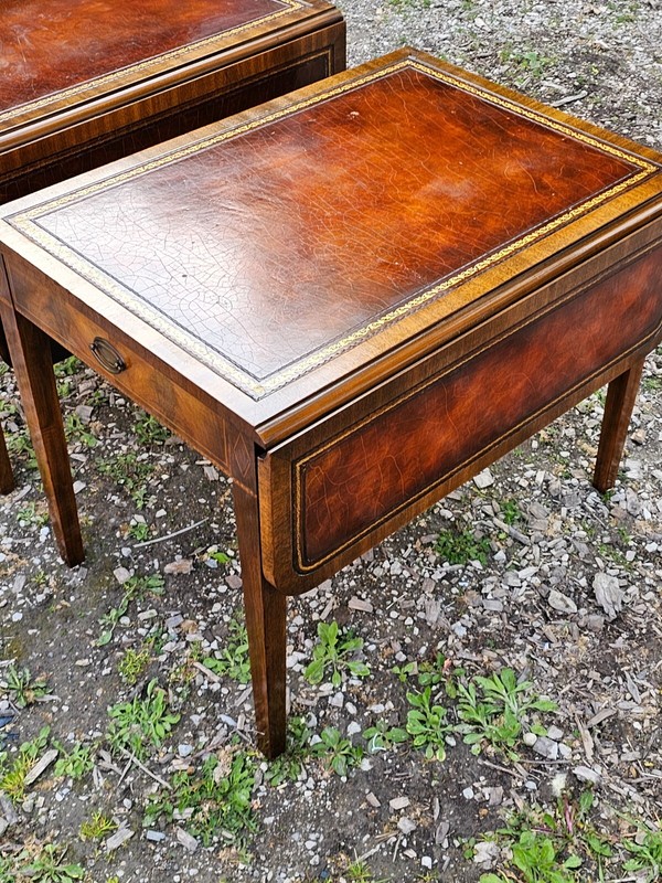 Antique Pembroke Double drop leaf leather top end table Pair by Weiman gallery