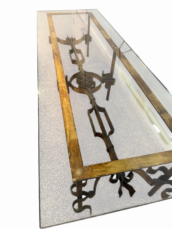 Century Gilt Wrought Iron Coffee Table Glass Top Hollywood Regency 1950s gallery