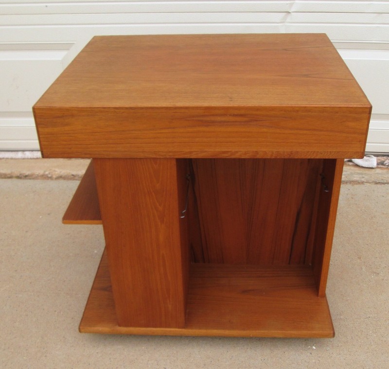 Vintage Danish Modern Teak Side End Table Drawer Shelves Casters 24-1/2in T gallery
