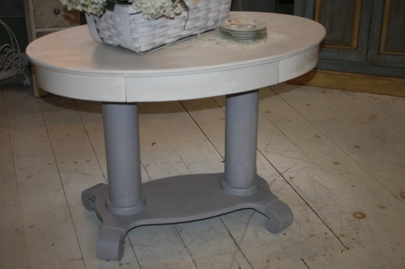 Antique Empire Accent Table Hand Painted White Gray Base Oval Top Single Drawer