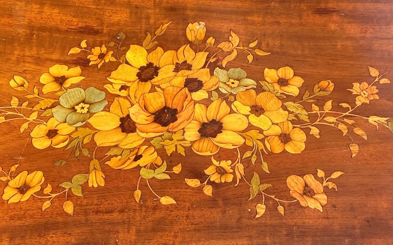 Antique French Table Floral Inlay Ormolu circa 1900 Elaborate Inlay 32 x21 x30