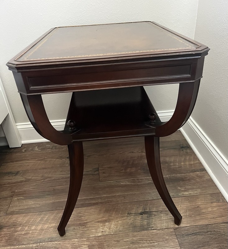 Vintage Mid Century Mahogany Side Table Leather Top Inlay Pull Out Tray Original gallery