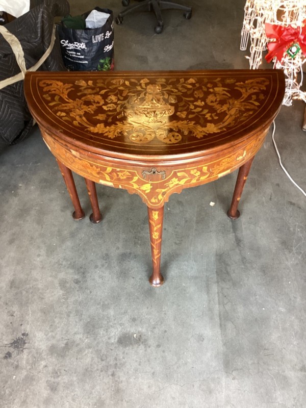 Antique French Inlay Flip Top Floral Console Game Table Veneer Damage Stunning