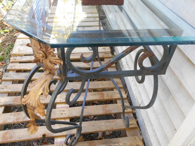 VINTAGE HAND MADE WROUGHT IRON CONSOLE TABLE WITH GLASS TOP shipping available gallery