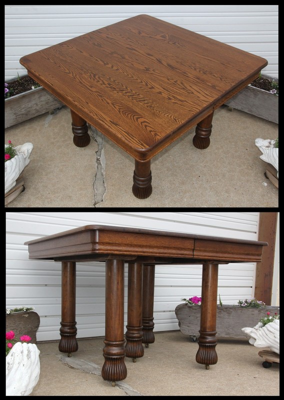 Antique Solid Oak 45″ Square Kitchen Dining Table w 5 Fluted Legs opens to 96″