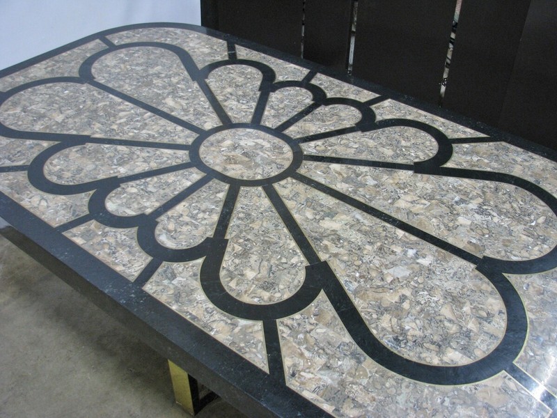Maitland-Smith 72" Dining Table Tessellated Fossil Stone w/ Inlay Triangle Base gallery