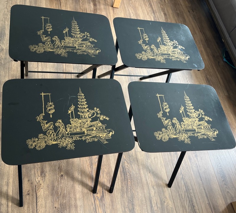 Set of 4 - Artex Folding Table, Engraved & Painted, Asian Art gallery