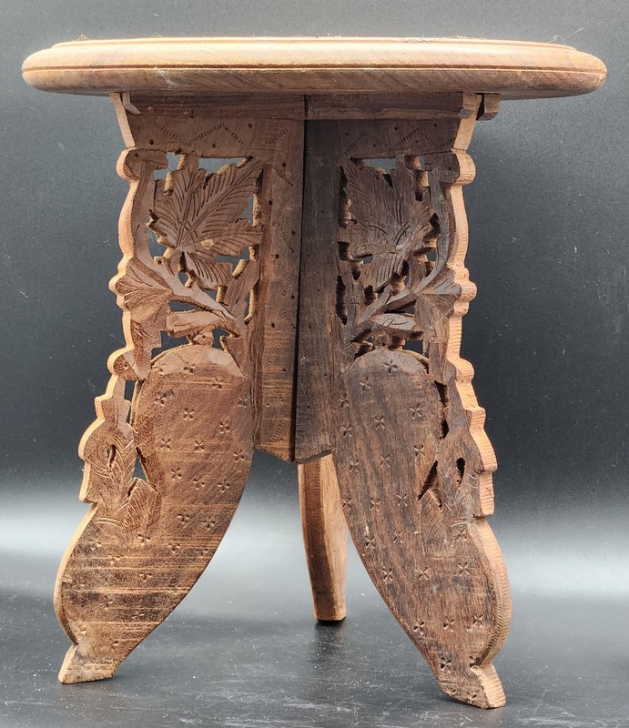 Anglo-Indian Carved Wood Inlaid "Wine" Table w/ Folding Base gallery