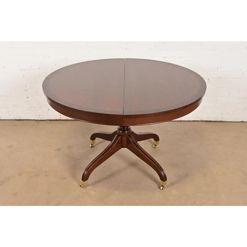 Baker Furniture Style Regency Banded Cherry Wood Pedestal Extension Dining Table gallery