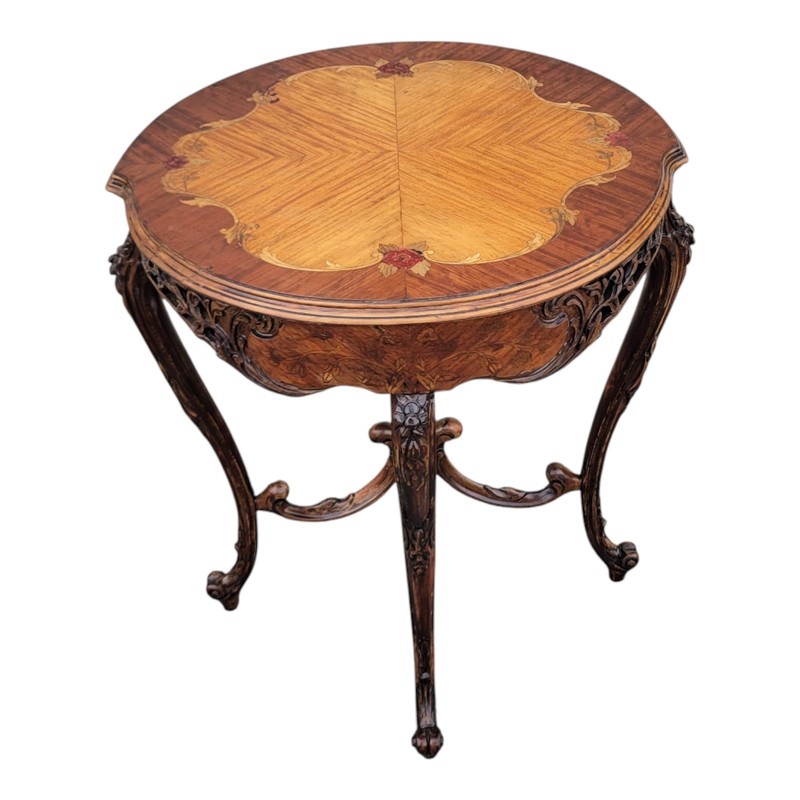 1940s Italian Walnut & Satinwood Inlay Carved Side Sofa Occasional Table gallery