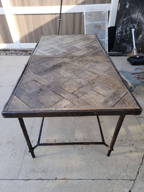 FRENCH VINTAGE WROUGHT IRON TABLE WITH PARQUET FLOORING INSET TOP