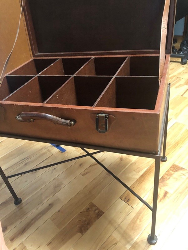Vintage Leather Steamer Trunk Side Table on metal stand