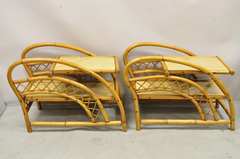 Vintage Tiki Rattan Bentwood Bamboo 2 Tier Sculptural End Tables - a Pair gallery