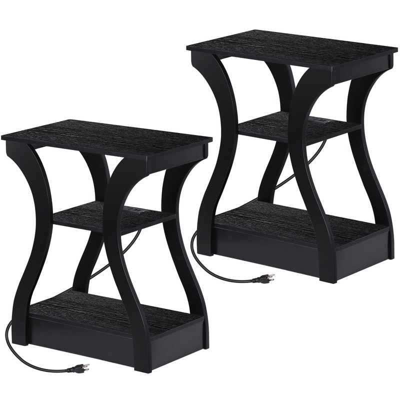 3-Tier End Table NightStand Set of 2 with USB Ports & Outlets Side Table Black gallery