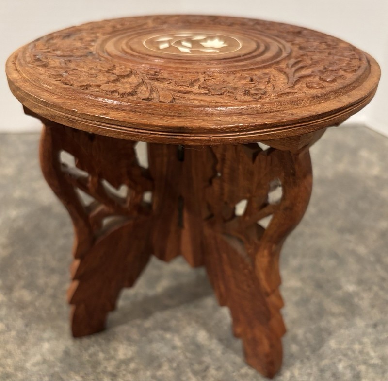 Vintage Indian Inlaid Hand Carved Wooden Boho Folding Plant Stand Table 6 1/2”
