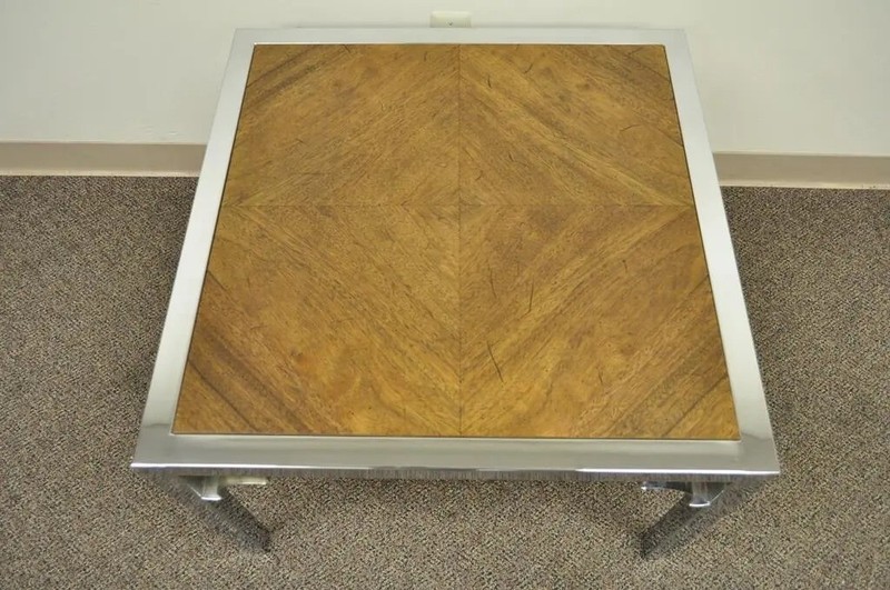 Vintage Mid Century Modern Chrome Fretwork & Walnut Square Side Table gallery