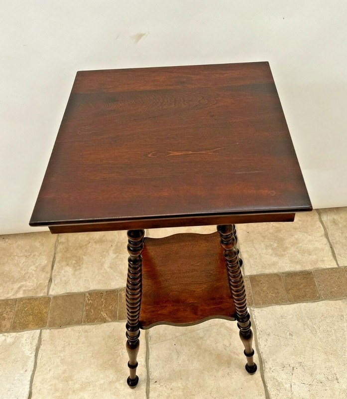 Antique Victorian Square Table with bottom shelf two tier Solid Mahogany gallery