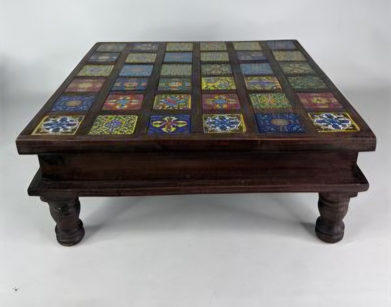 Vintage Handmade Mosaic Tile Wood Pedestal Table 18x18 Boho Folk Art Plant Stand gallery