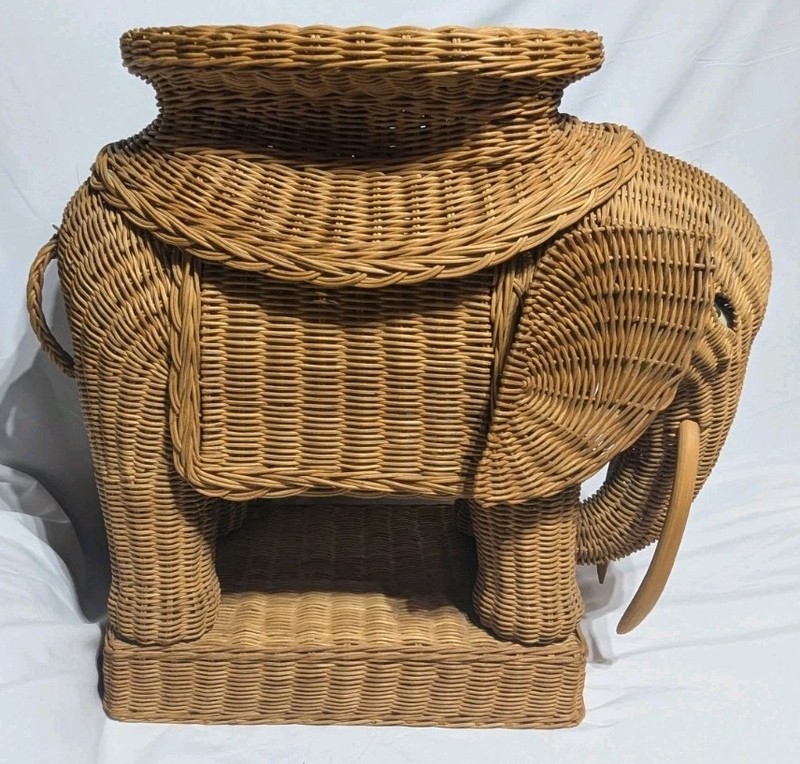 Vintage Boho Wicker Rattan Elephant Side Table Style of Mario Lopez Torres 1970s gallery
