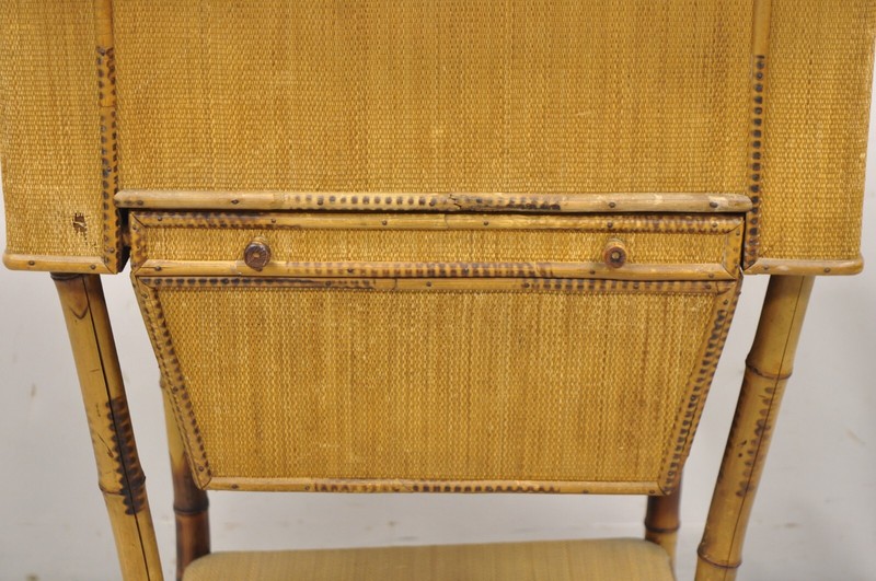 Antique English Victorian Bamboo Rattan Sewing Box Work Stand Side Table gallery