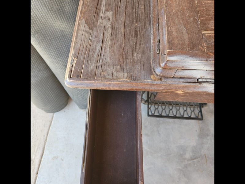 1916 sowing table brown worn but in good condition missing one drawer. gallery