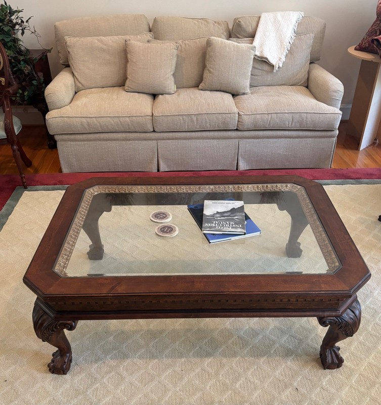 Vintage Rectangle Carved Mahogany Glass Top Coffee Table Claw Feet Beveled Glass gallery
