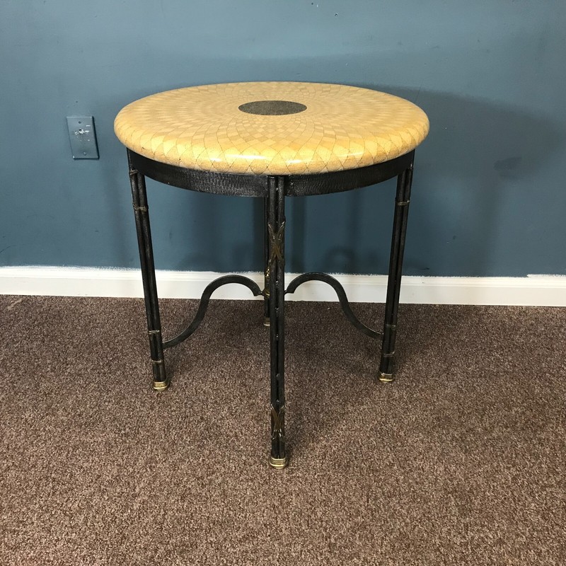 MAITLAND SMITH Wave Themed Faux Mosaic Round Metal Base Table w/ Brass Accents