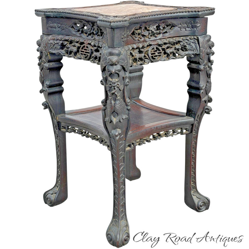 Large antique Chinese carved rosewood marble top center table rose Meiji period
