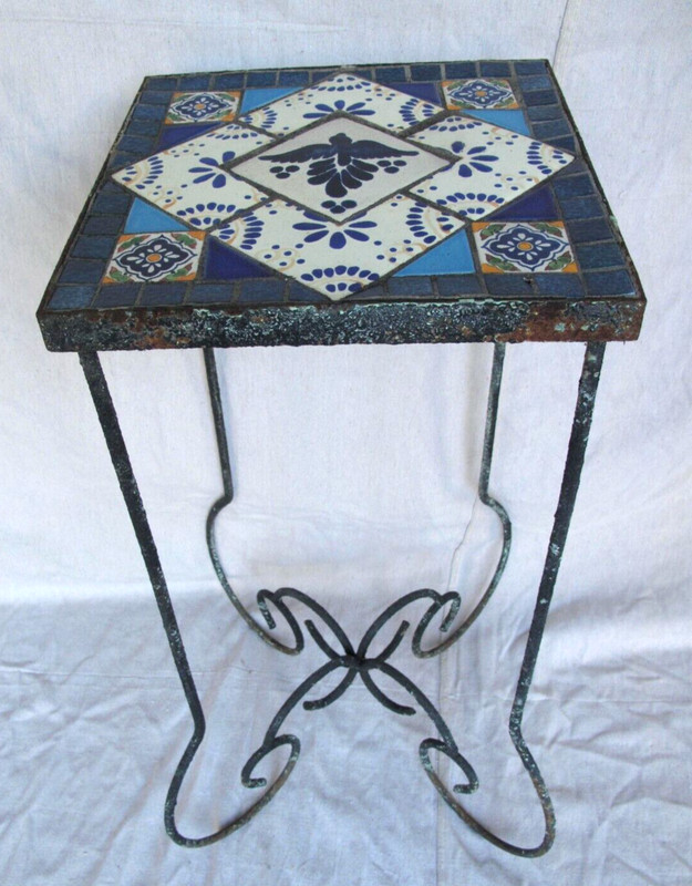Vintage Mexican Puebla Tile Table / Stand Wrought Iron Base 1950’s