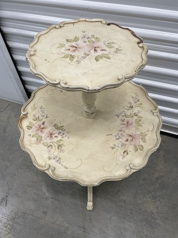 Vintage Off White 2-Tier Pie Crust Table Brass Clawfoot With Floral Design As Is